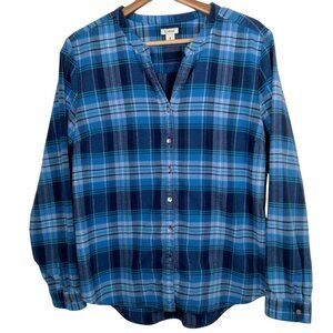 LL Bean Flannel Shirt Women M Blue Plaid Button Up V Neck Item 502797